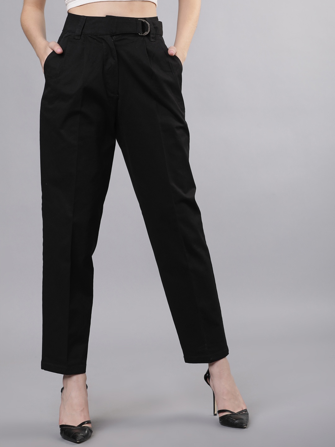 

Tokyo Talkies Women Black Straight Fit Solid Peg Trousers
