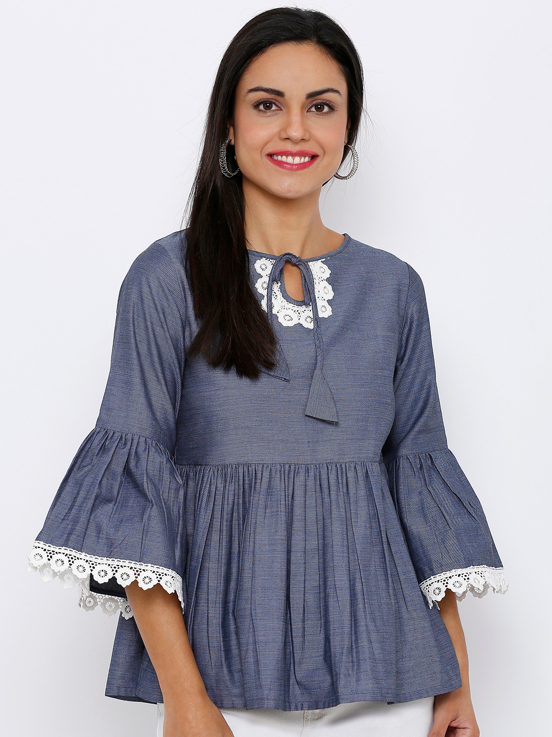 

Soie Women Blue & White Striped Empire Top
