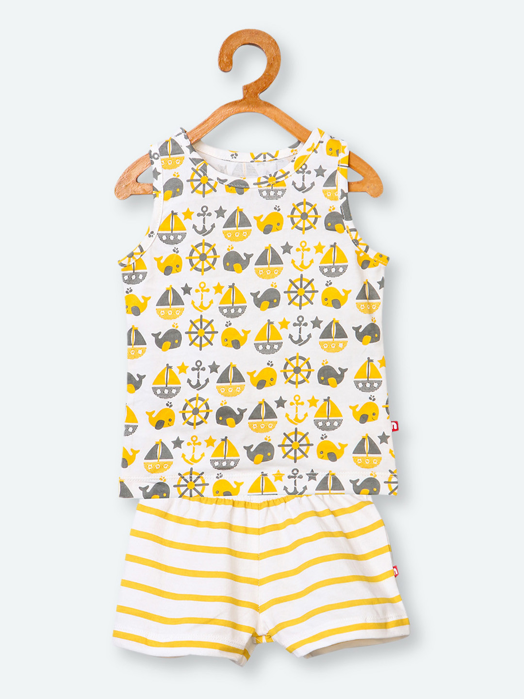 

Nino Bambino Boys Yellow & White Printed Organic Cotton T-shirt with Shorts