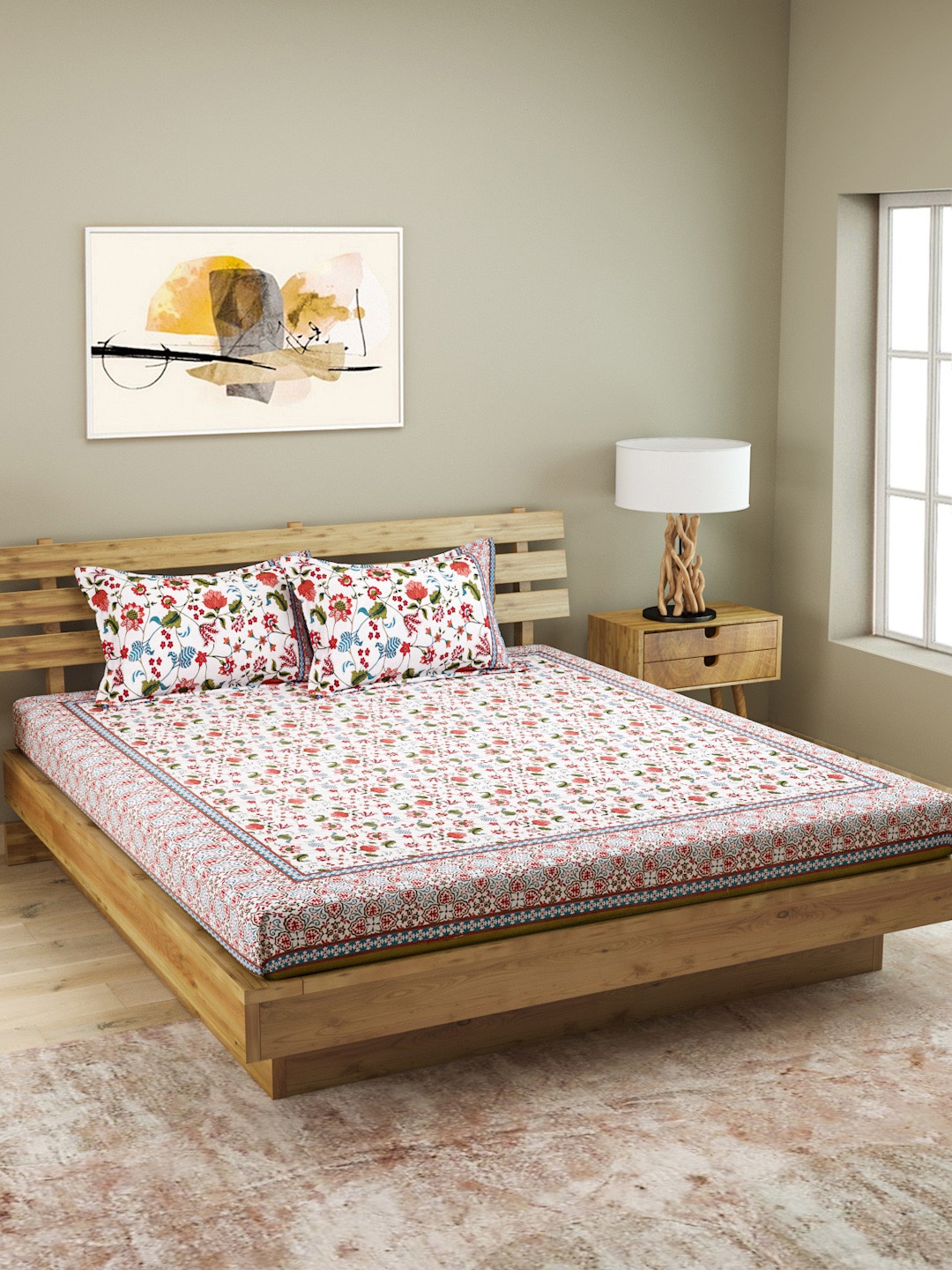 

ROMEE White Floral 210 TC Cotton 1 King Bedsheet with 2 Pillow Covers