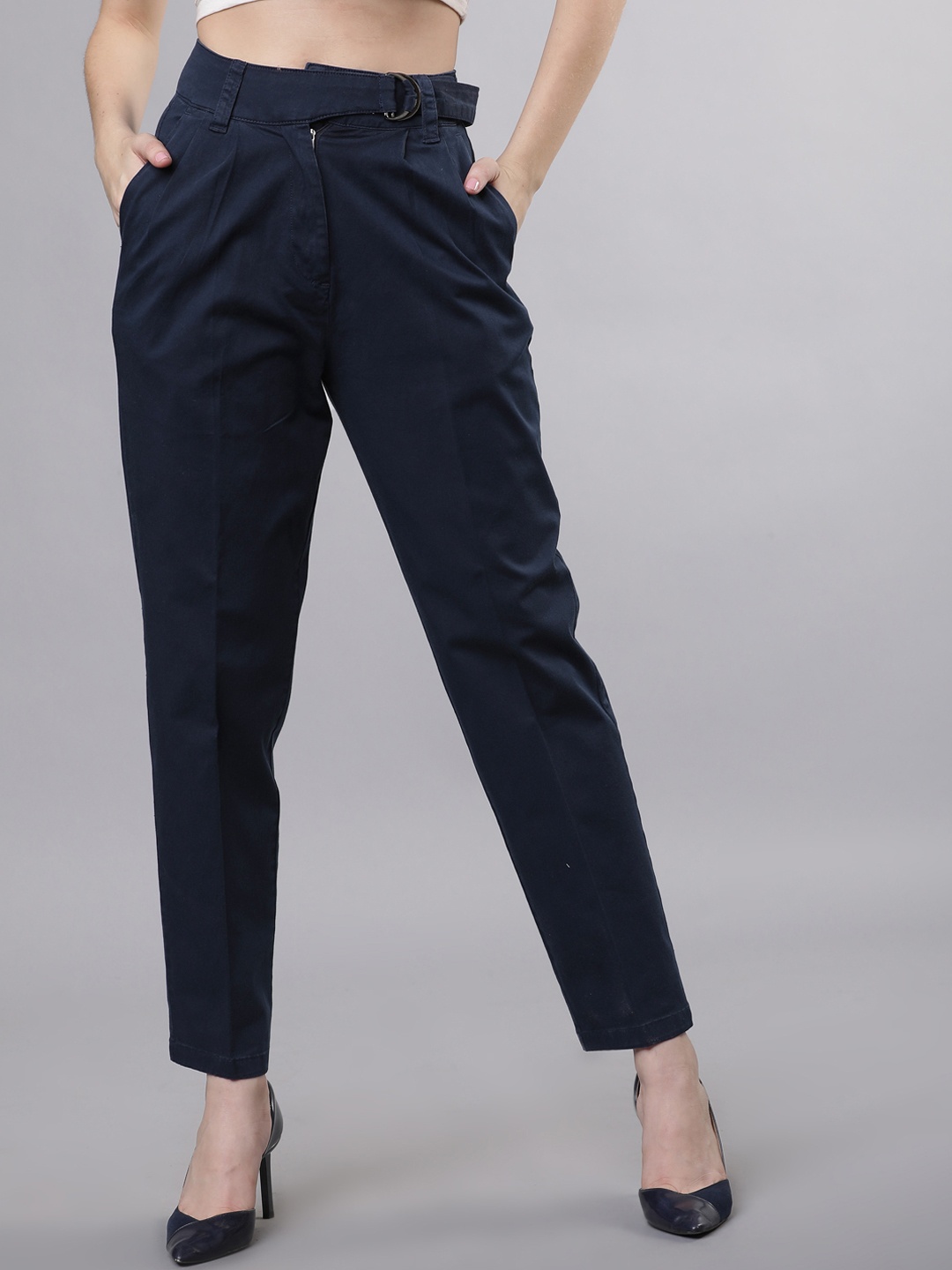 Tokyo Talkies Women Navy Blue Straight Fit Solid Peg Trousers
