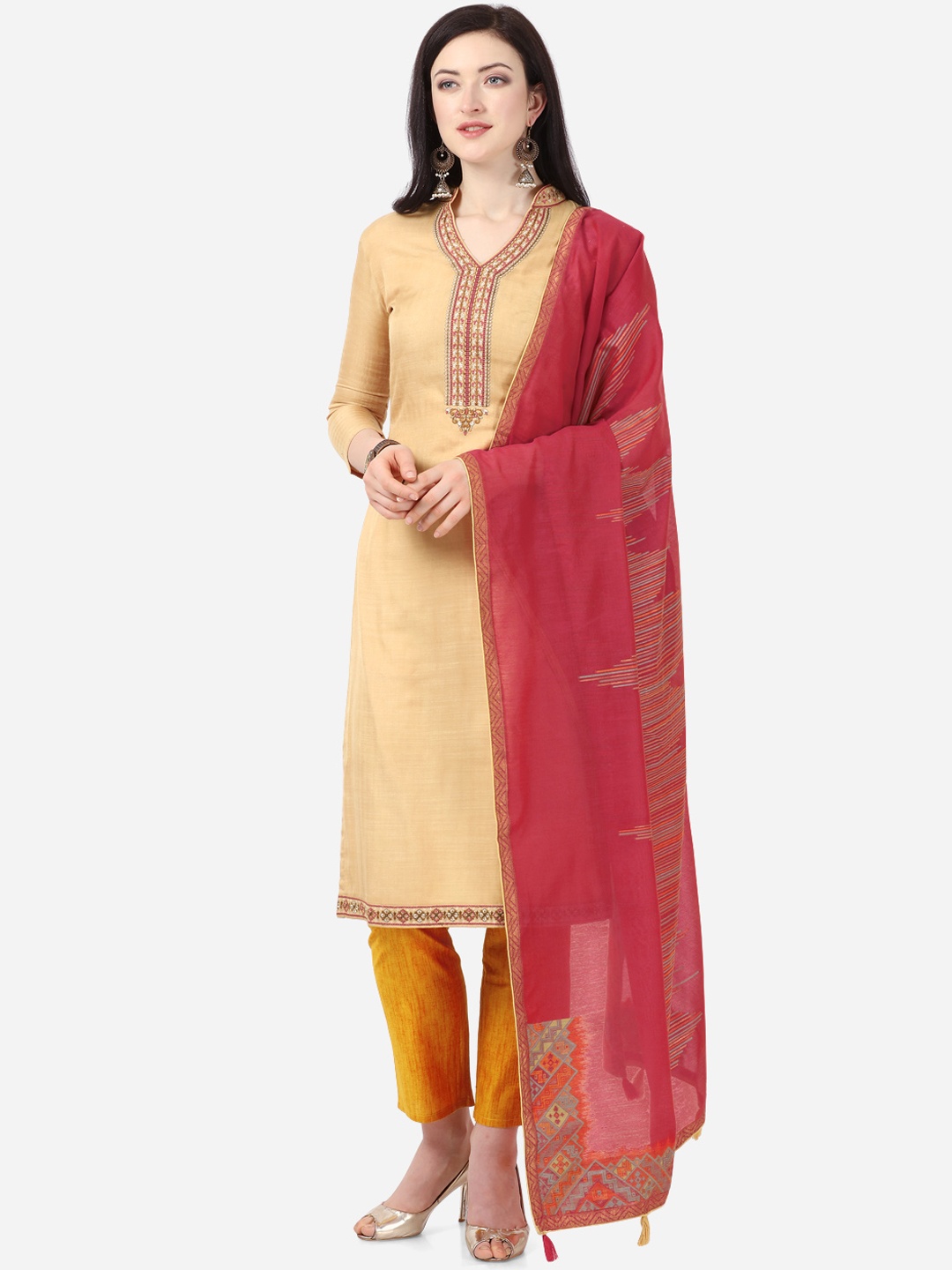 

Stylee LIFESTYLE Beige & Yellow Art Silk Unstitched Dress Material