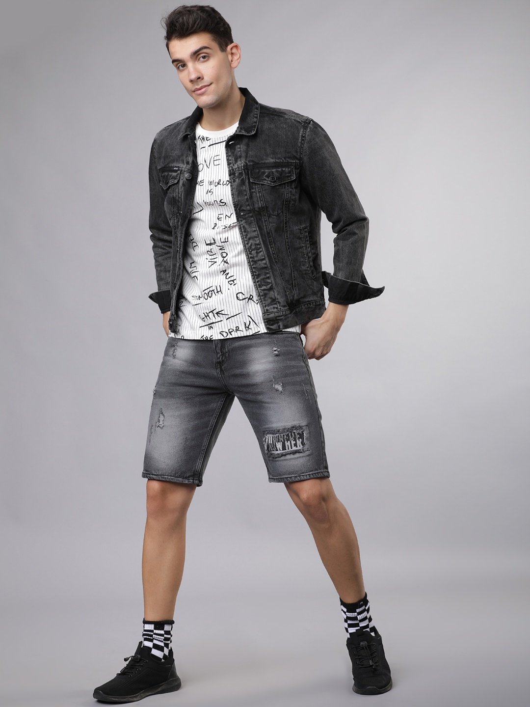 

HIGHLANDER Men Grey Washed Slim Fit Denim Shorts