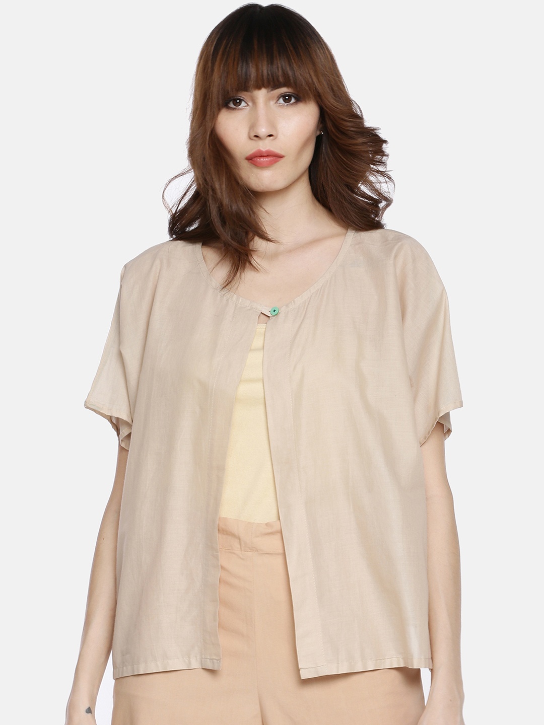 

GRASS by Gitika Goyal Women Cream-Coloured Solid Open Front Shrug