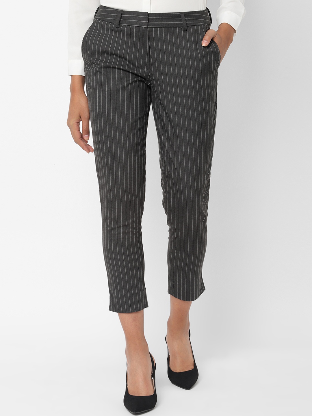 

Allen Solly Woman Grey & Black Regular Fit Striped Peg Trousers