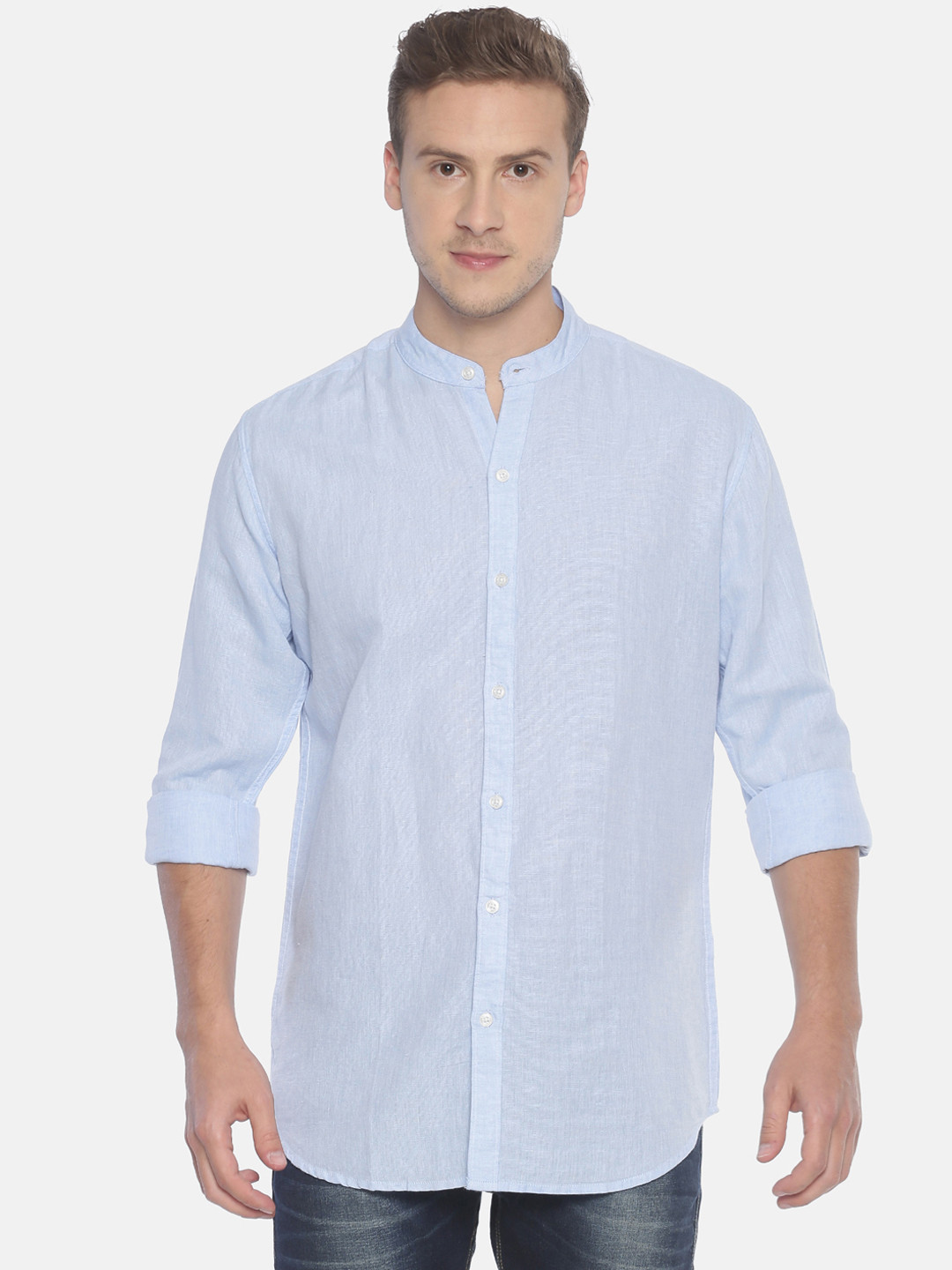 

Balista Men Blue Standard Slim Fit Solid Cotton Linen Casual Shirt