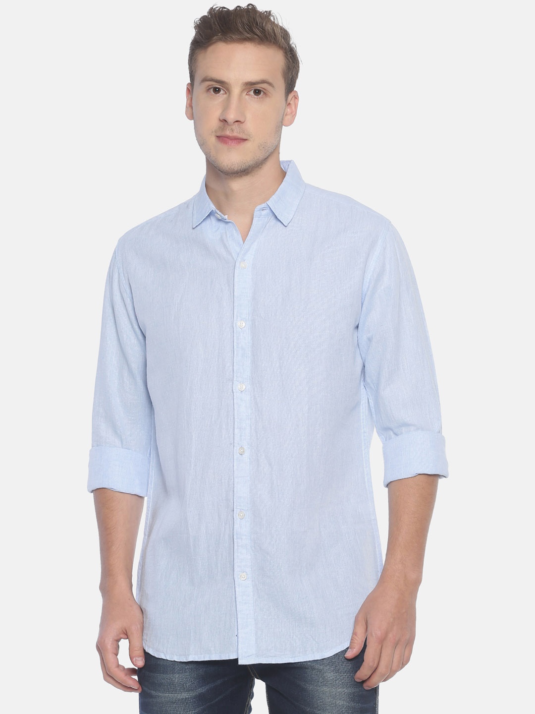 

Balista Men Blue Standard Slim Fit Solid Cotton Linen Casual Shirt