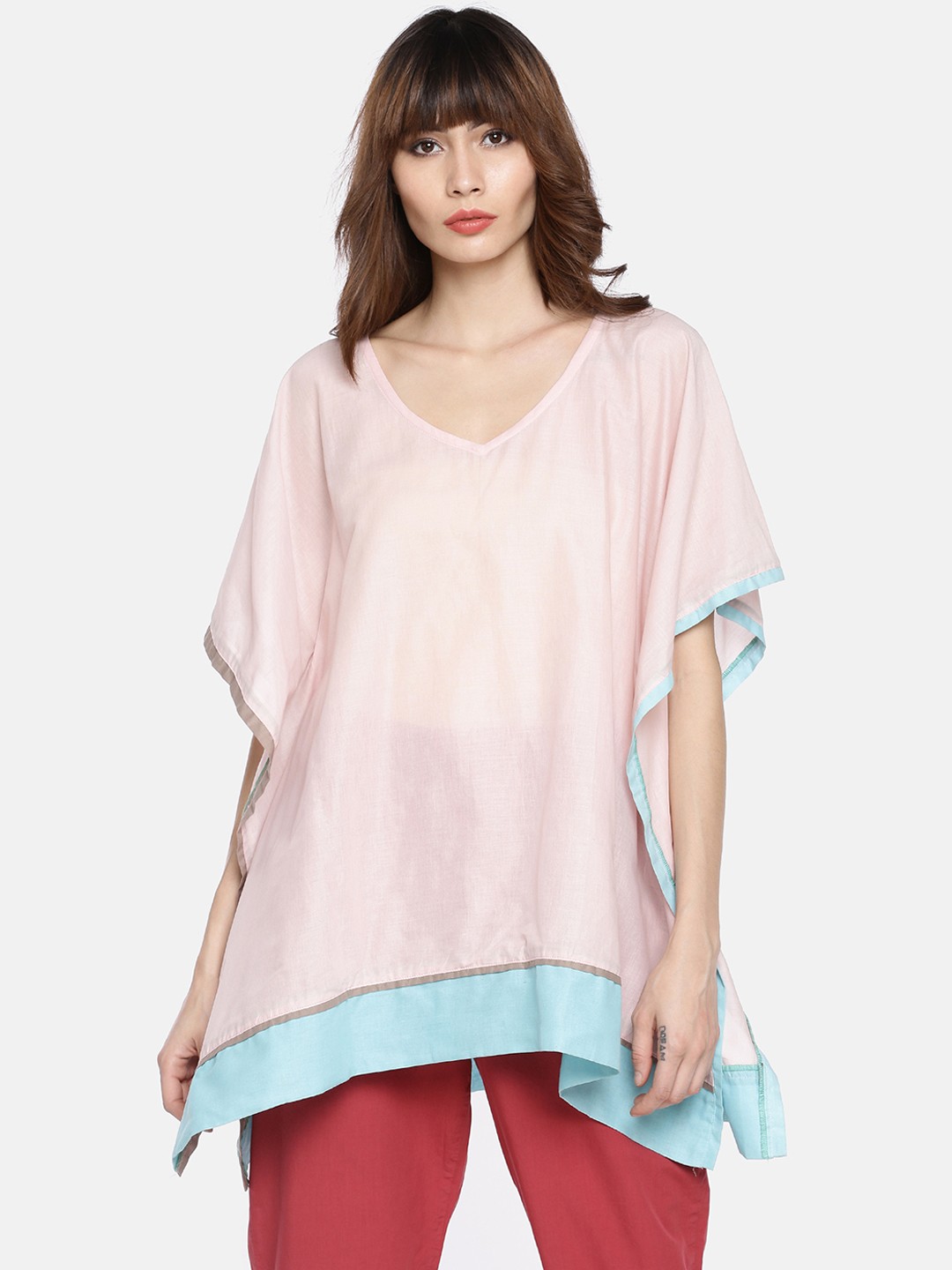 

GRASS by Gitika Goyal Women Pink & Blue Colourblocked Kaftan Pure Cotton Top