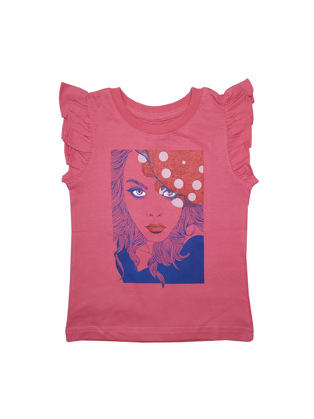 

KiddoPanti Girls Pink Blue Printed Round Neck Pure Cotton T-shirt
