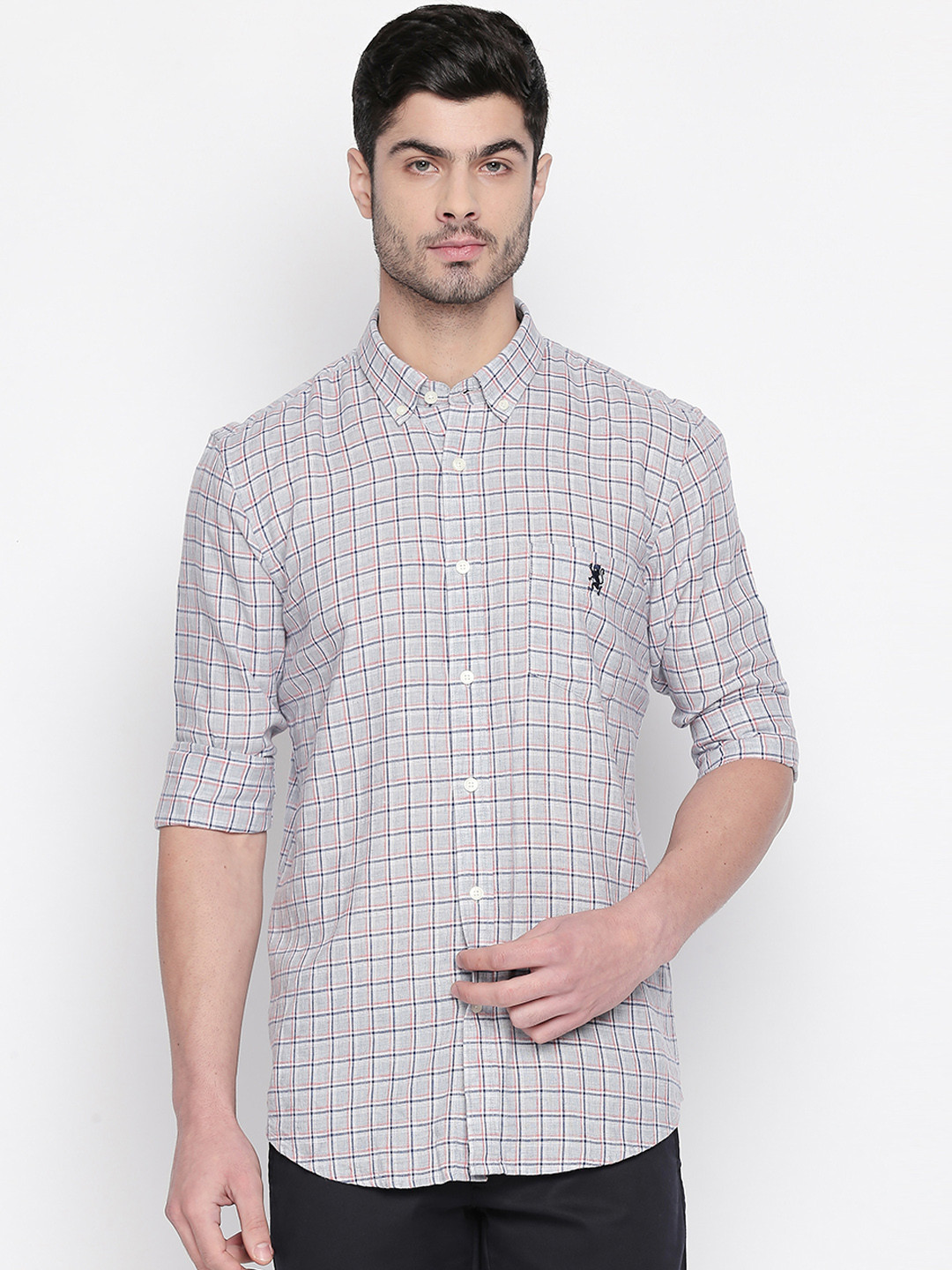 

GIORDANO Men Grey & Off-White Regular Fit Checked Casual Linen Shirt