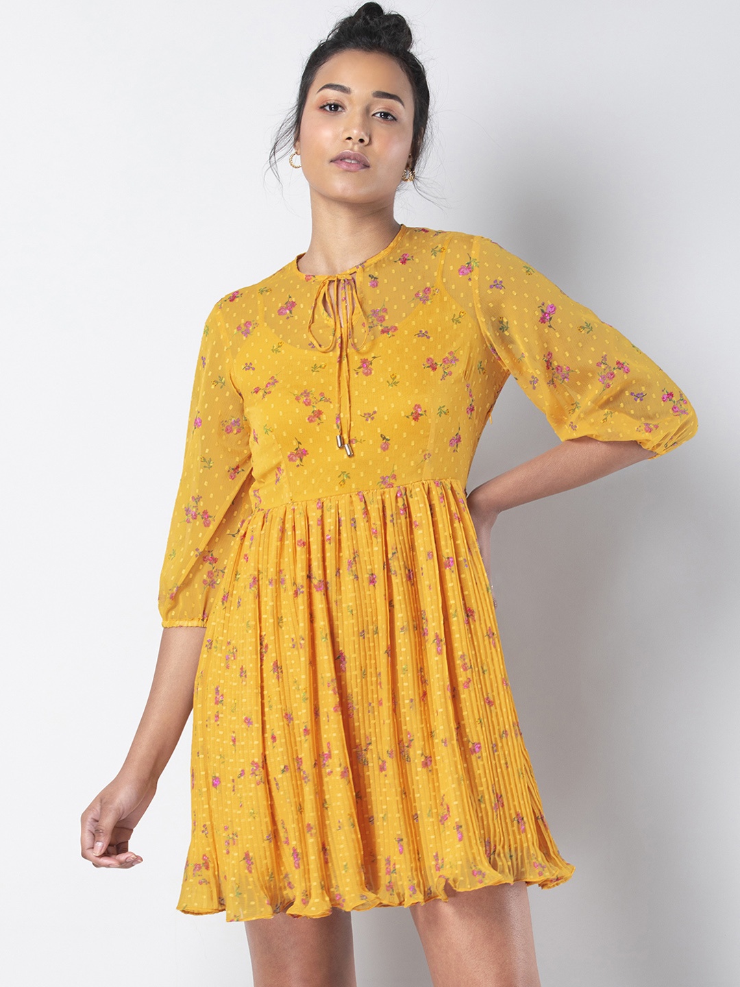 

FabAlley Women Yellow Printed Fit and Flare Dress