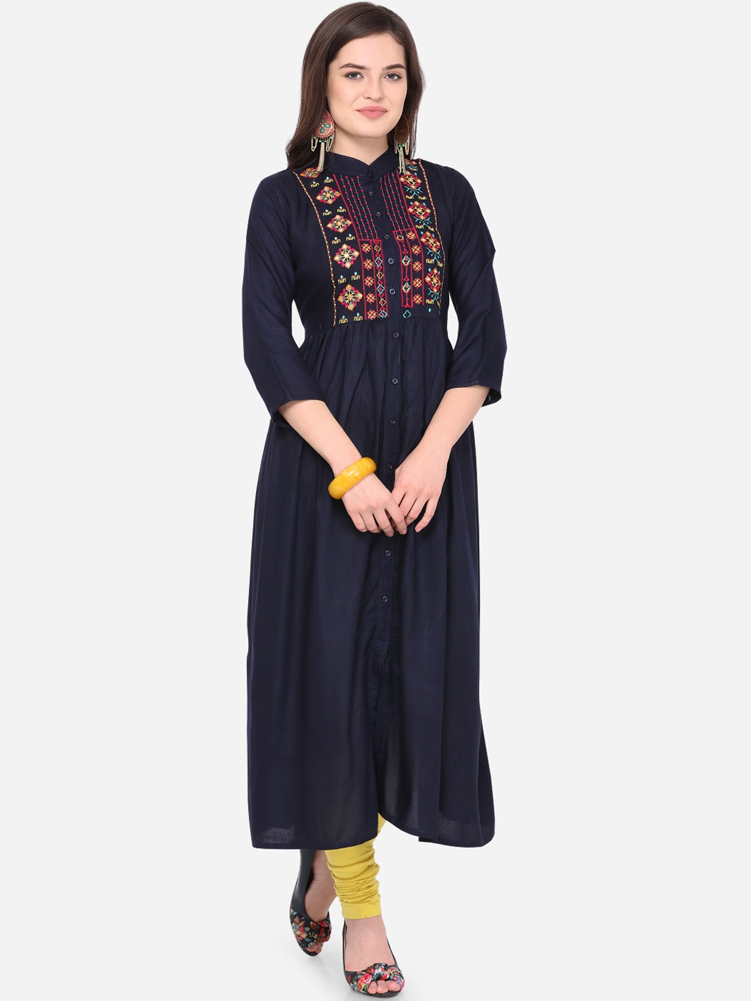 

Florence Women Navy Blue & Orange Embroidered A-Line Kurta