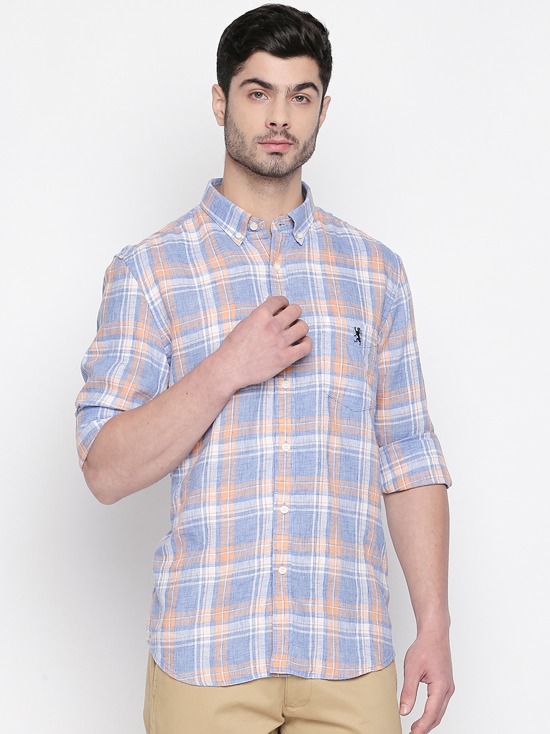 

GIORDANO Men Blue & Orange Regular Fit Checked Casual Shirt