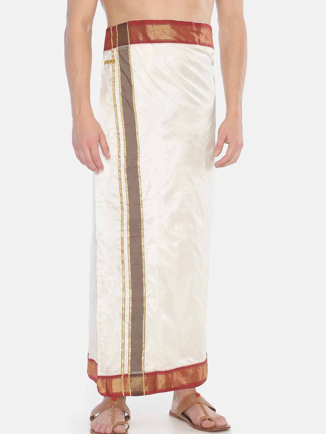 

Sethukrishna Men Cream-Coloured Solid Pure Silk Double Layer Readymade Dhoti With Pocket