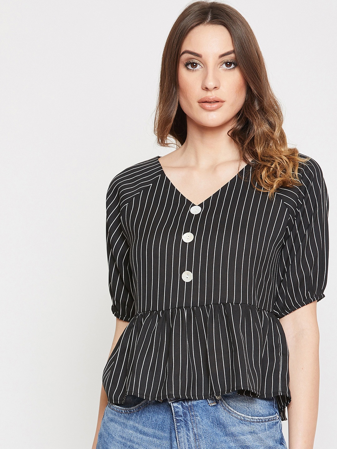 

RARE Women Black & White Striped Peplum Top