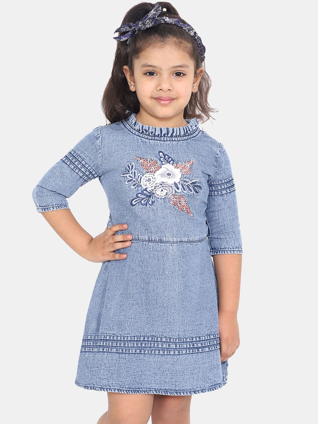 Naughty Ninos Girls Blue Embroidered Denim Fit and Flare Dress