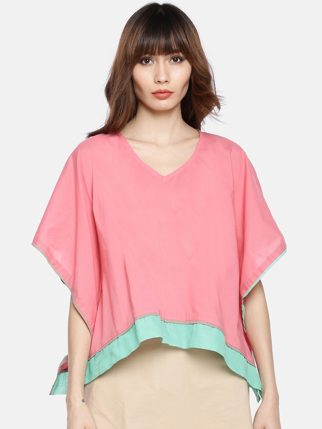 

GRASS by Gitika Goyal Women Pink & Blue Colourblocked Kaftan Pure Cotton Top