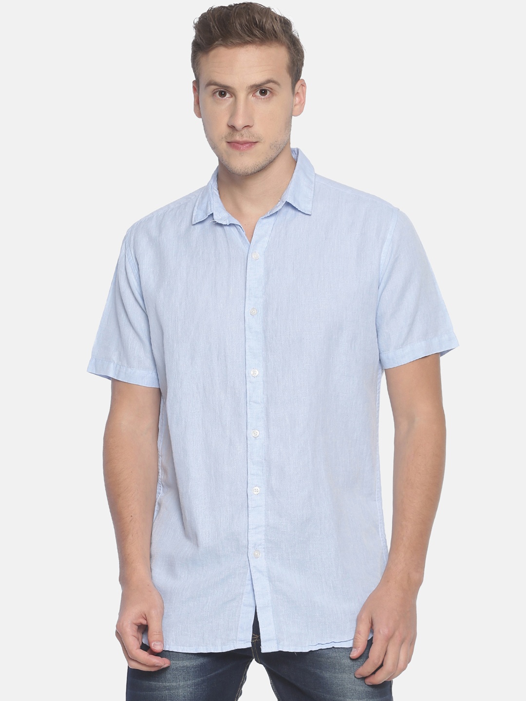

Balista Men Blue Standard Slim Fit Solid Cotton Linen Casual Shirt