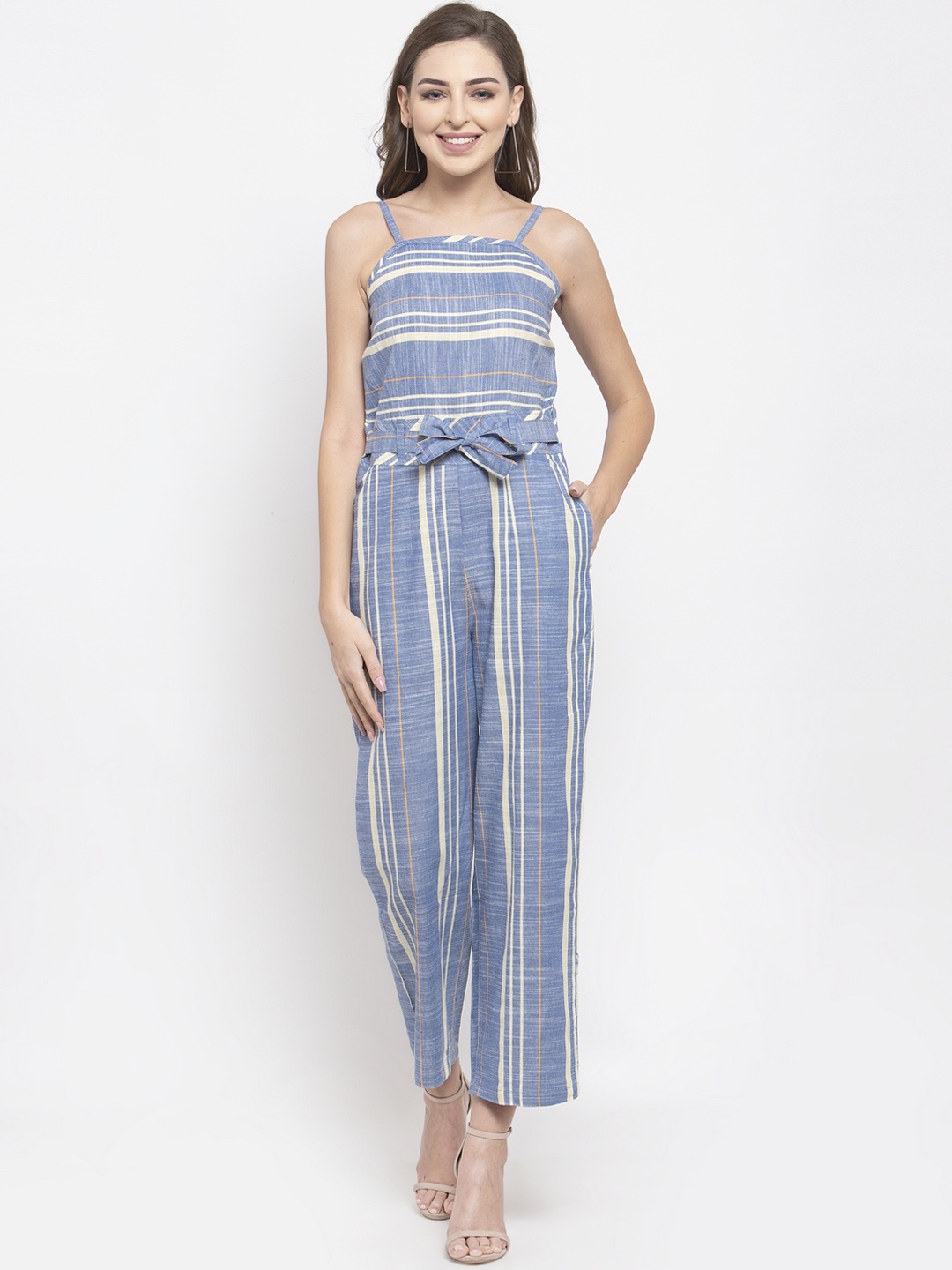 

Jompers Women Blue & Off-White Striped Basic Jumpsuit