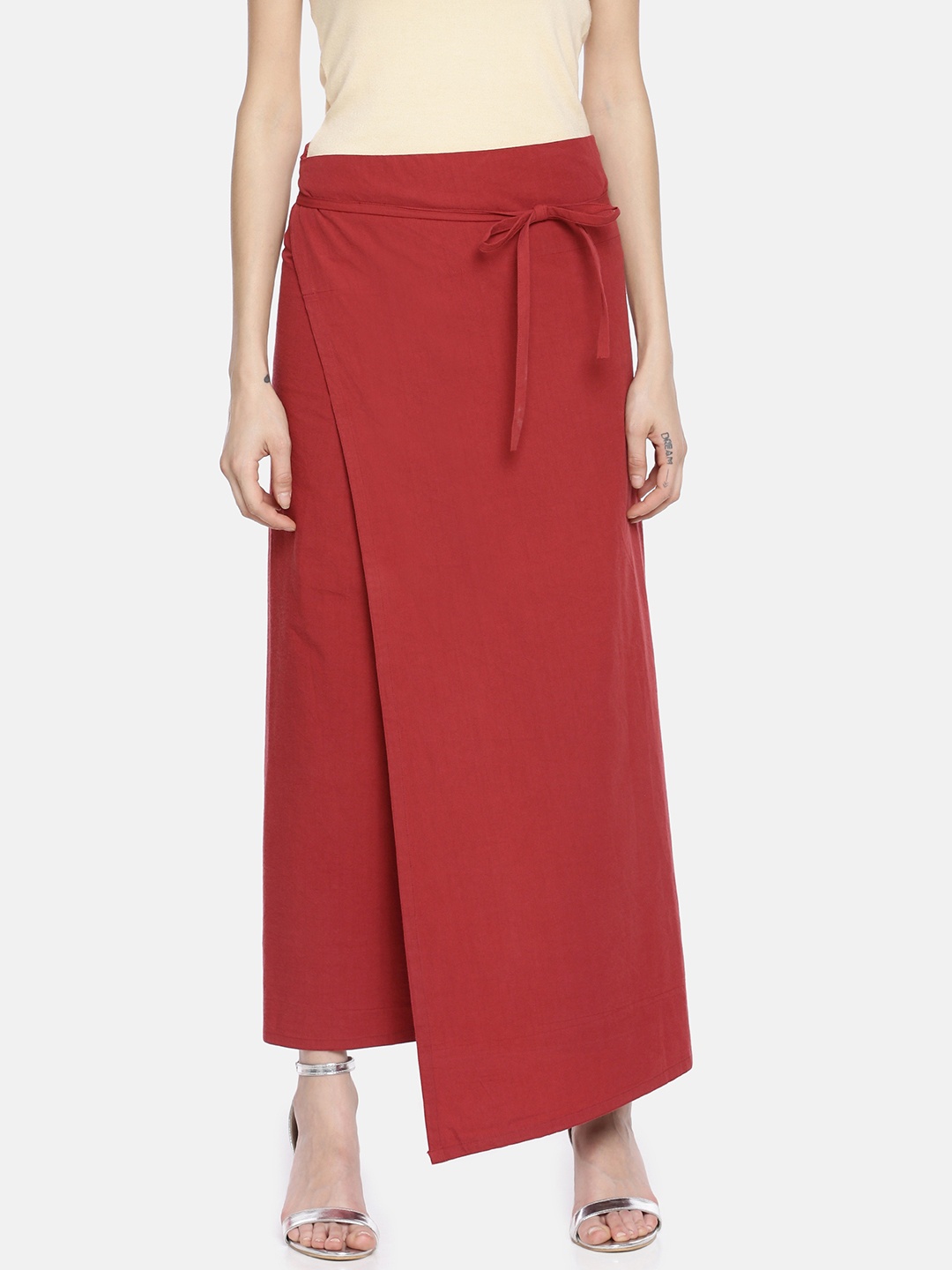 

GRASS by Gitika Goyal Women Maroon Solid Wrap Midi Skirt