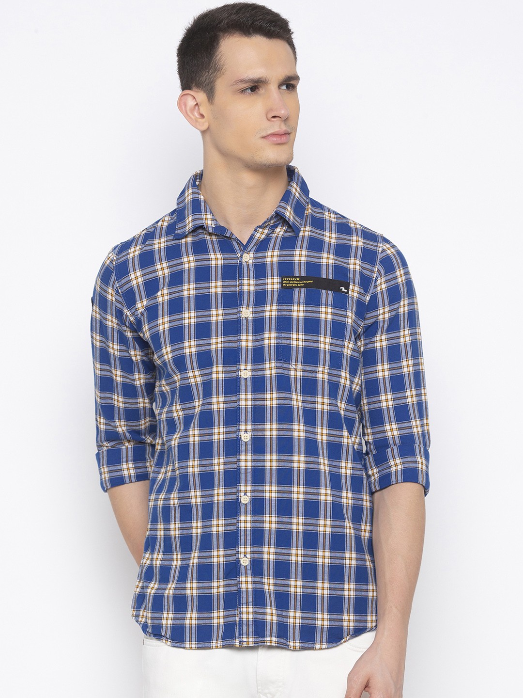 

SPYKAR Men Blue & Yellow Slim Fit Checked Casual Shirt