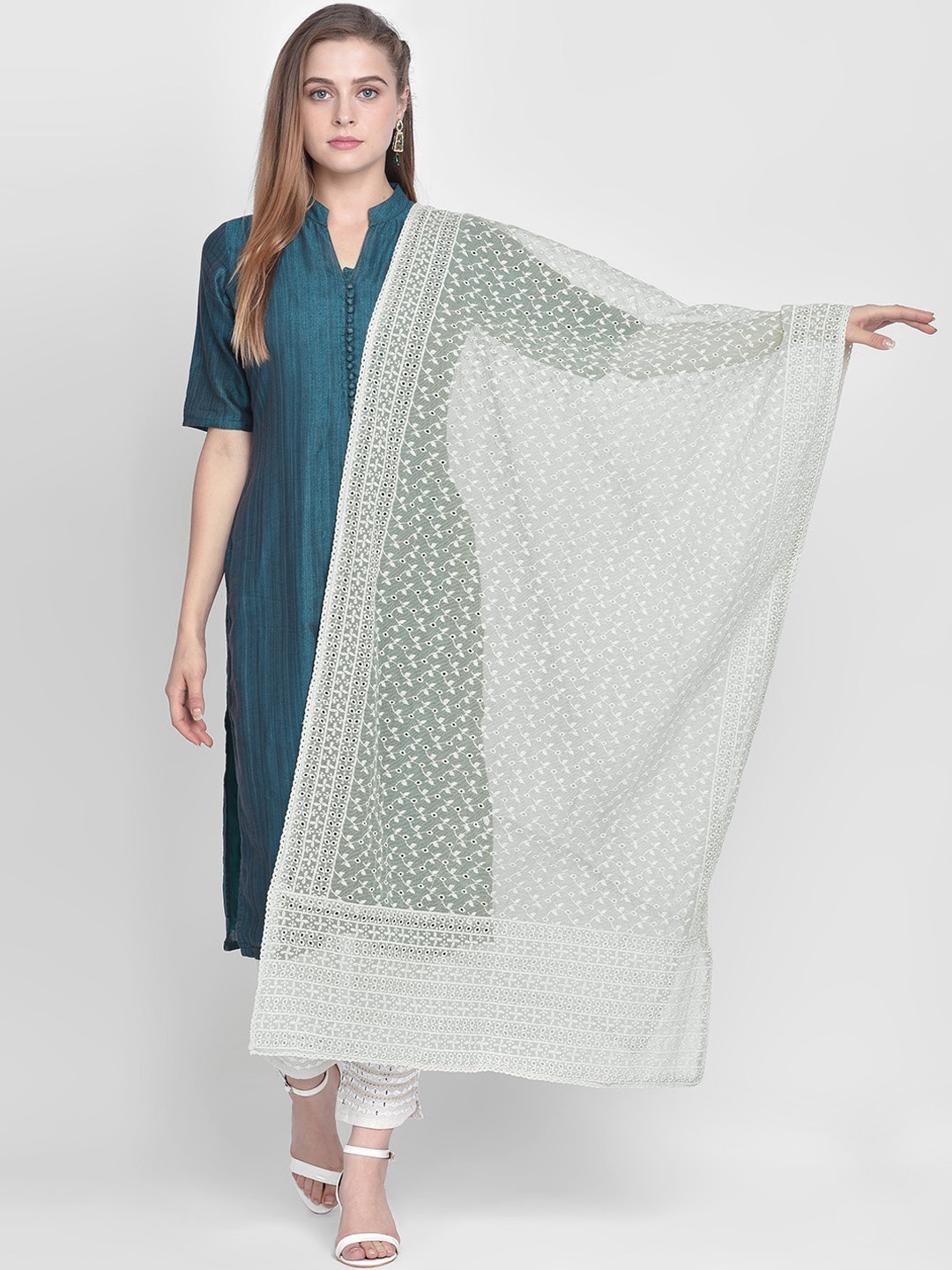 

Dupatta Bazaar Green & Cream-Coloured Embroidered Dupatta