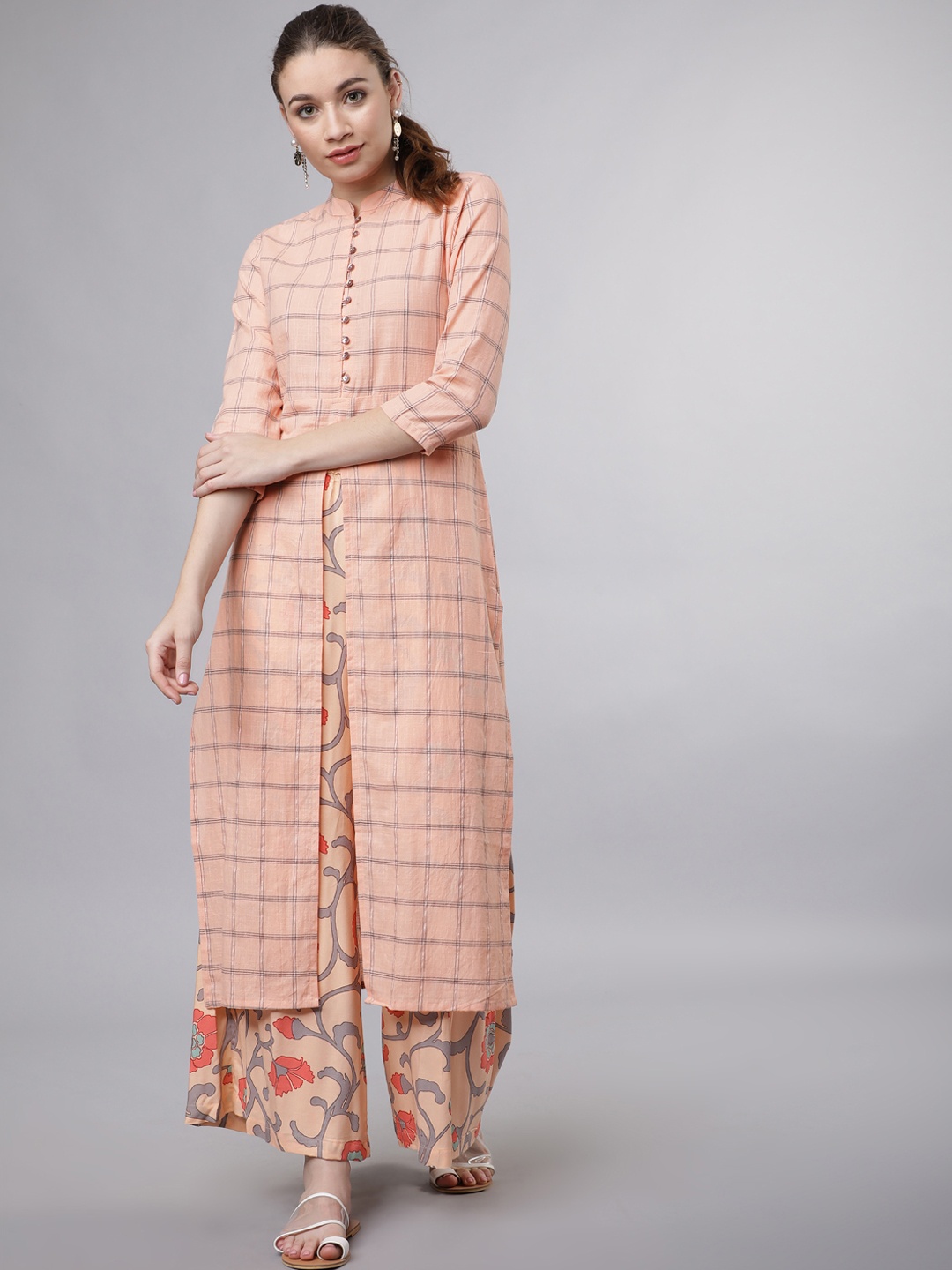 

Vishudh Women Peach-Coloured & Grey Printed Kurta with Palazzos