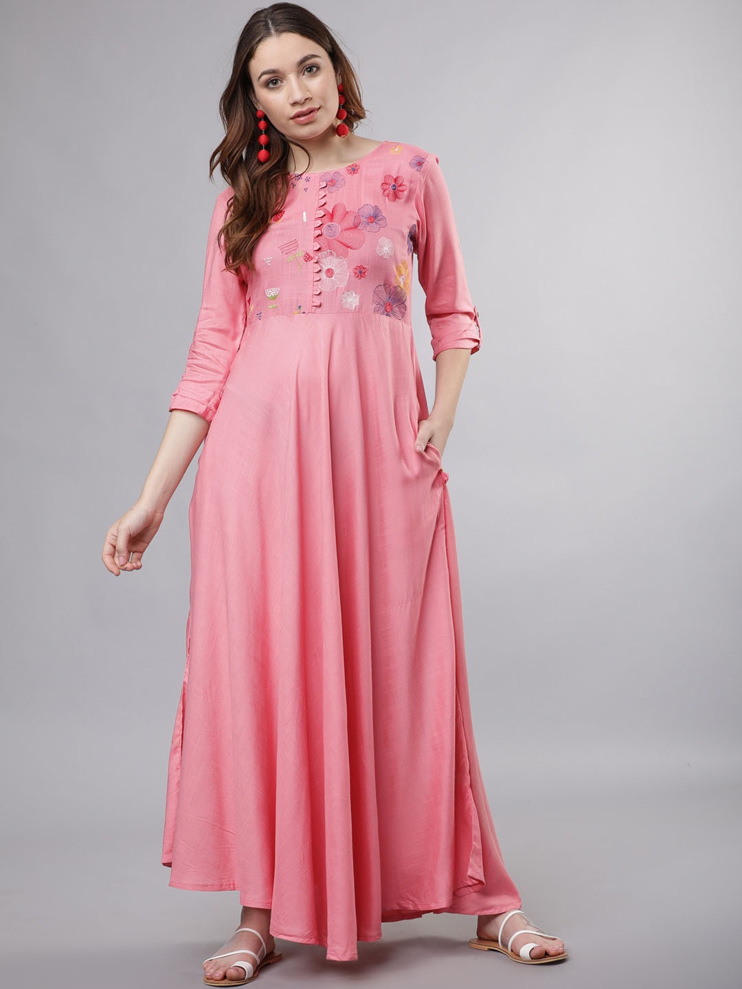

Vishudh Women Pink Floral Embroidered Maxi Ethnic Dress