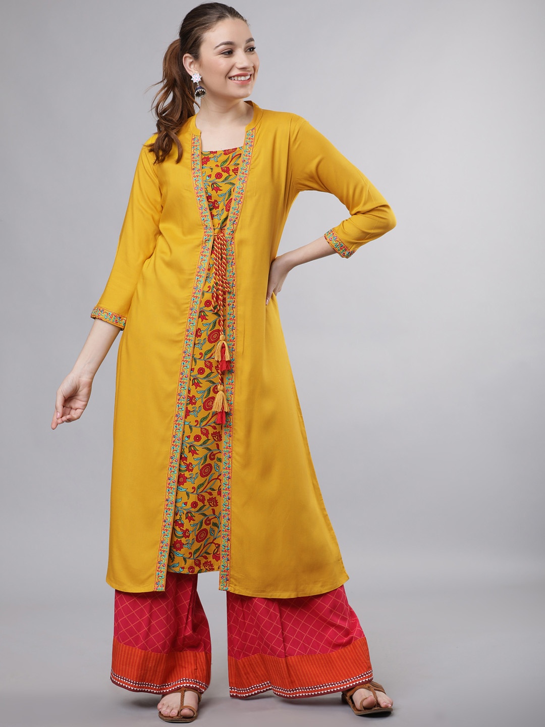 

Vishudh Women Mustard & Red Printed Straight Kurta