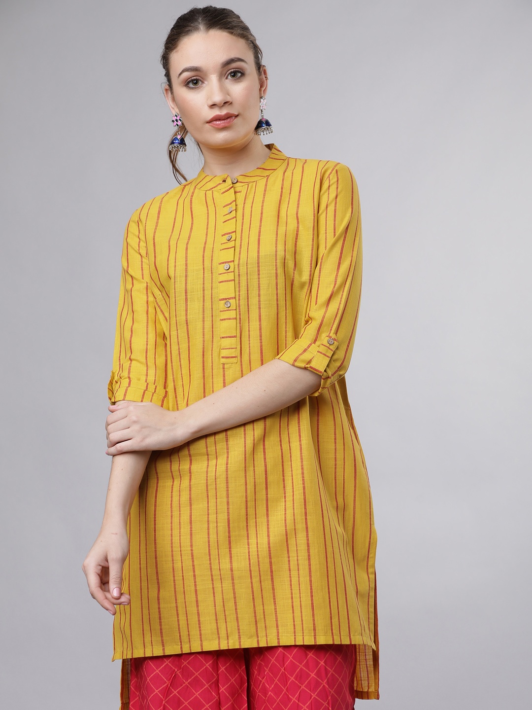 

Vishudh Women's Mustard & Pink Striped Tunic