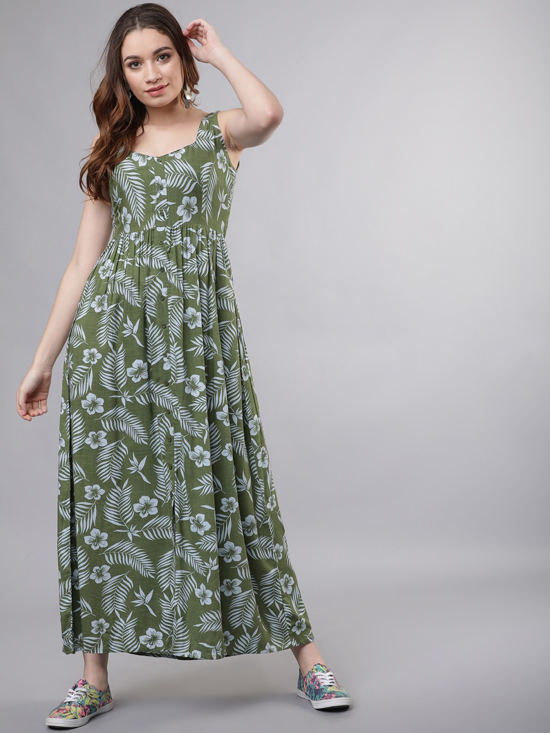 

Tokyo Talkies Women Olive Green Printed Maxi Dress