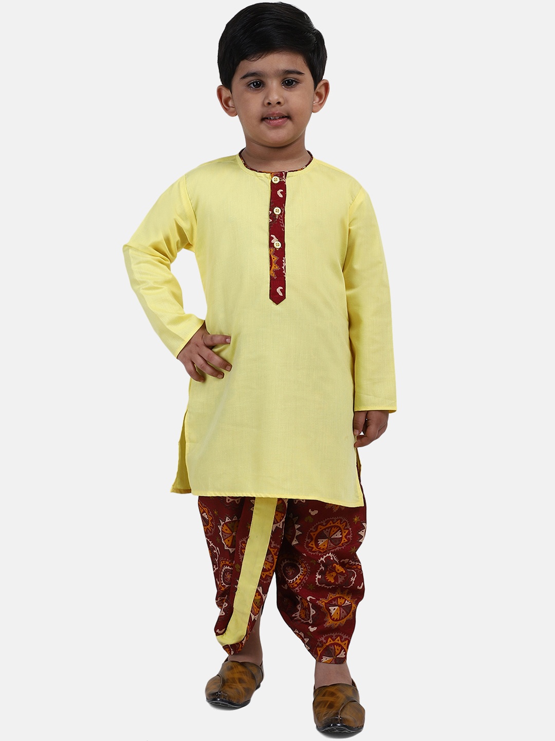 BownBee Boys Yellow & Maroon Printed Kurta with Dhoti Pants