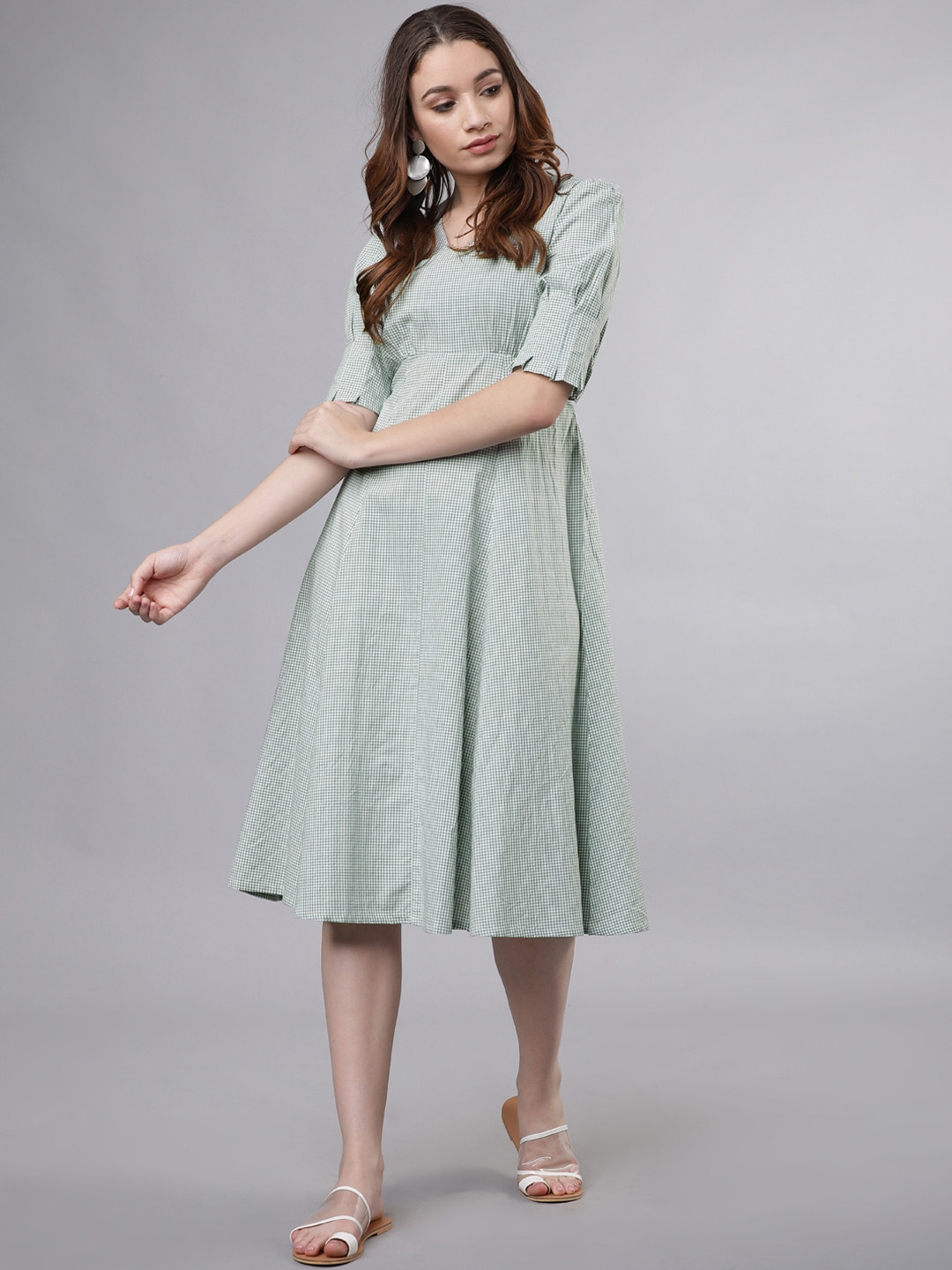 

Tokyo Talkies Women Green & White Checked Empire Dress
