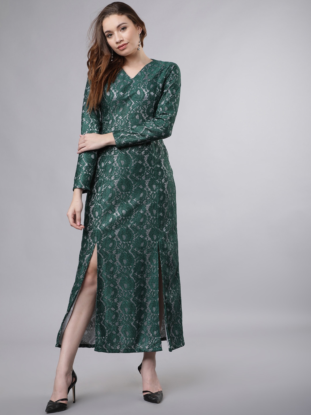 

Tokyo Talkies Women Green Self Design Maxi Dress