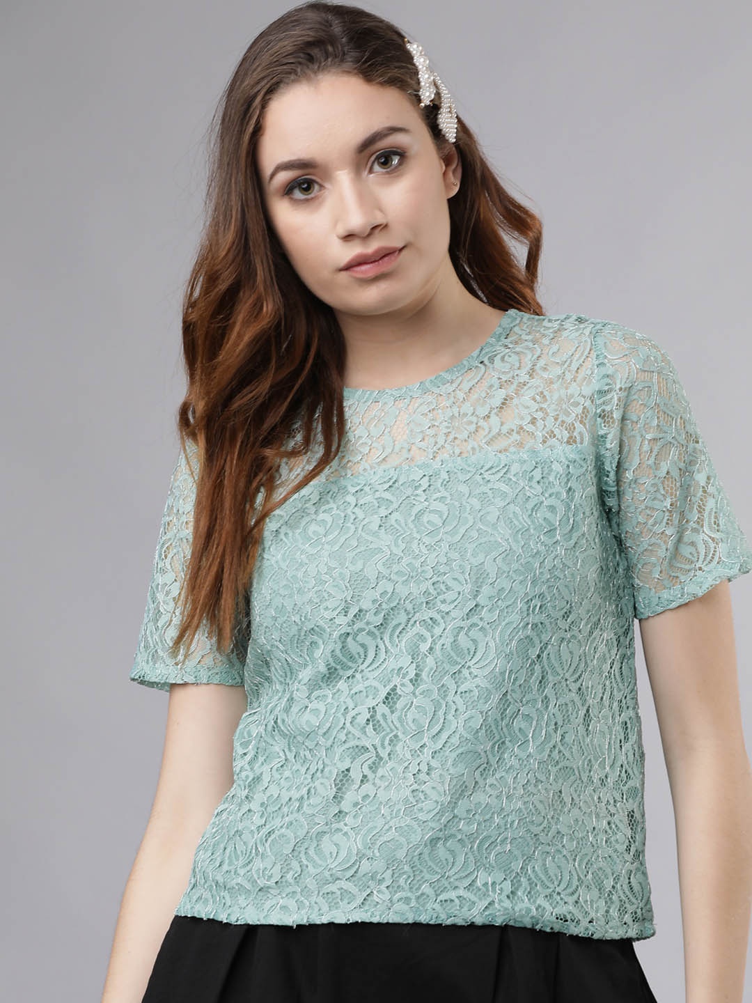

Tokyo Talkies Women Sea Green Self Design Top
