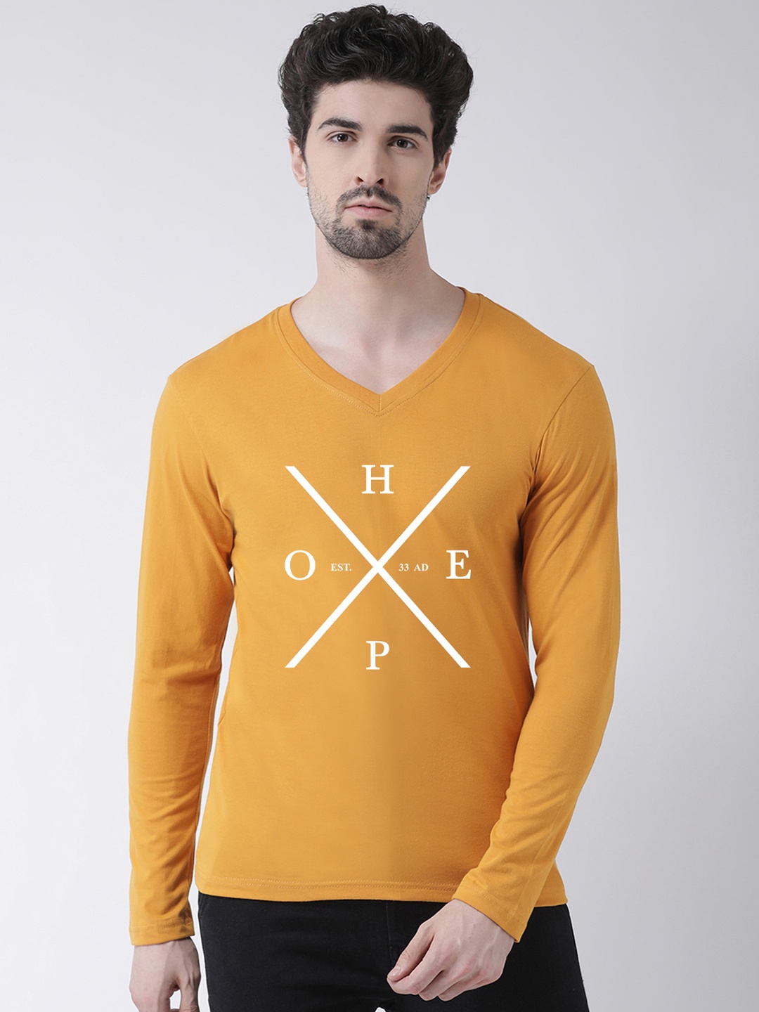 

Friskers Men Yellow Printed V-Neck T-shirt