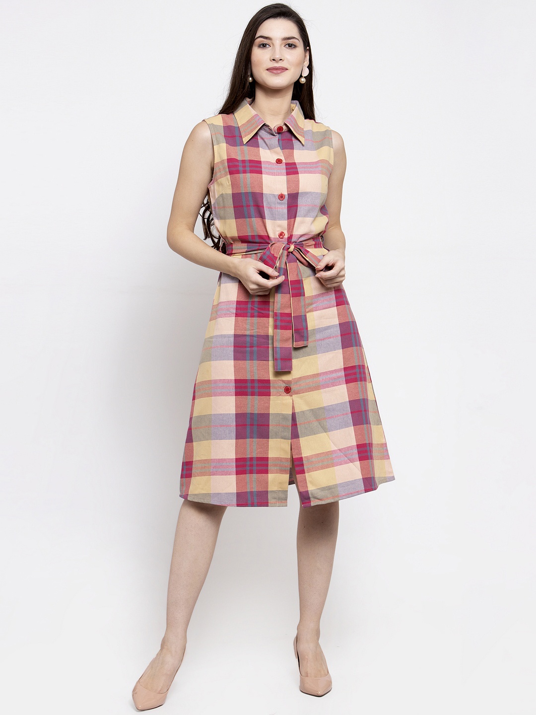 

Purple State Women Pink & Blue Checked Fit and Flare Dress