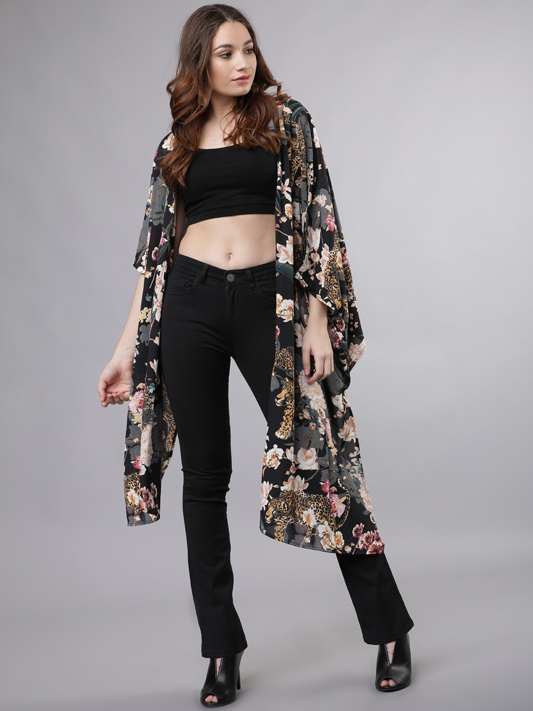 

Tokyo Talkies Women Black Printed Open Front Shrug