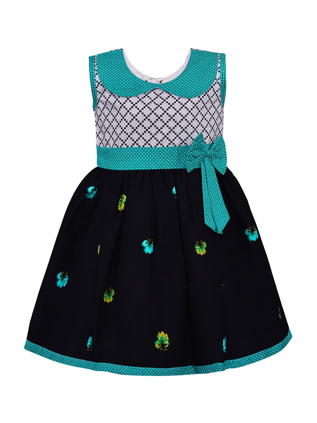 

Wish Karo Girls Sea Green & Navy Blue Printed Fit and Flare Dress