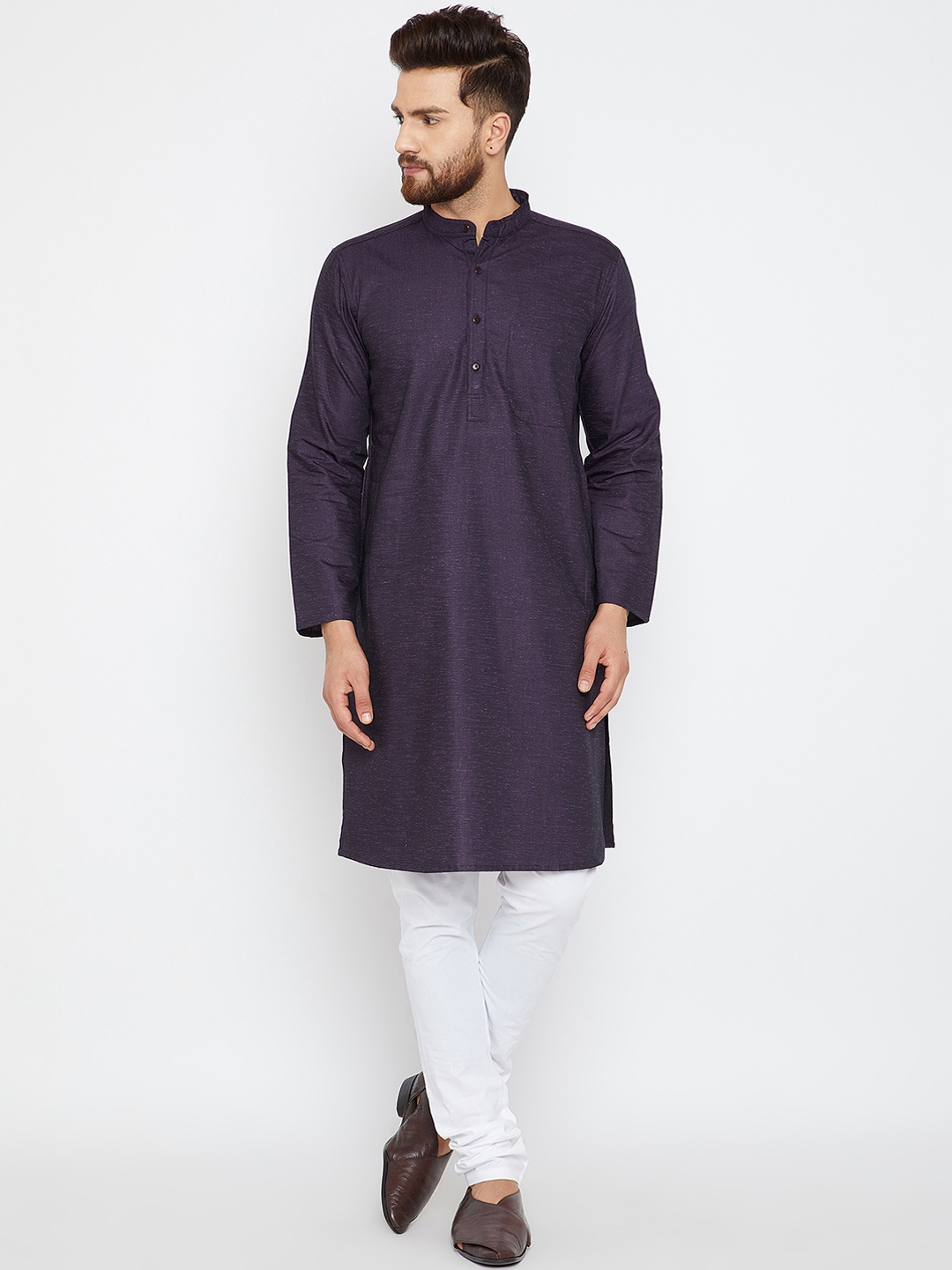 

even Men Violet Solid Dobby Weave Straight Kurta
