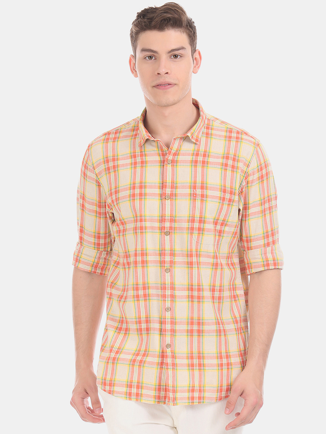 

Cherokee Men Orange & Yellow Regular Fit Checked Casual Shirt
