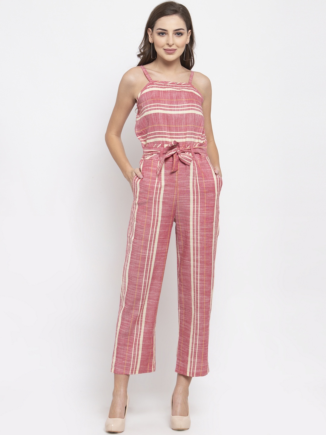 

Jompers Women Red & Off-White Striped Basic Jumpsuit