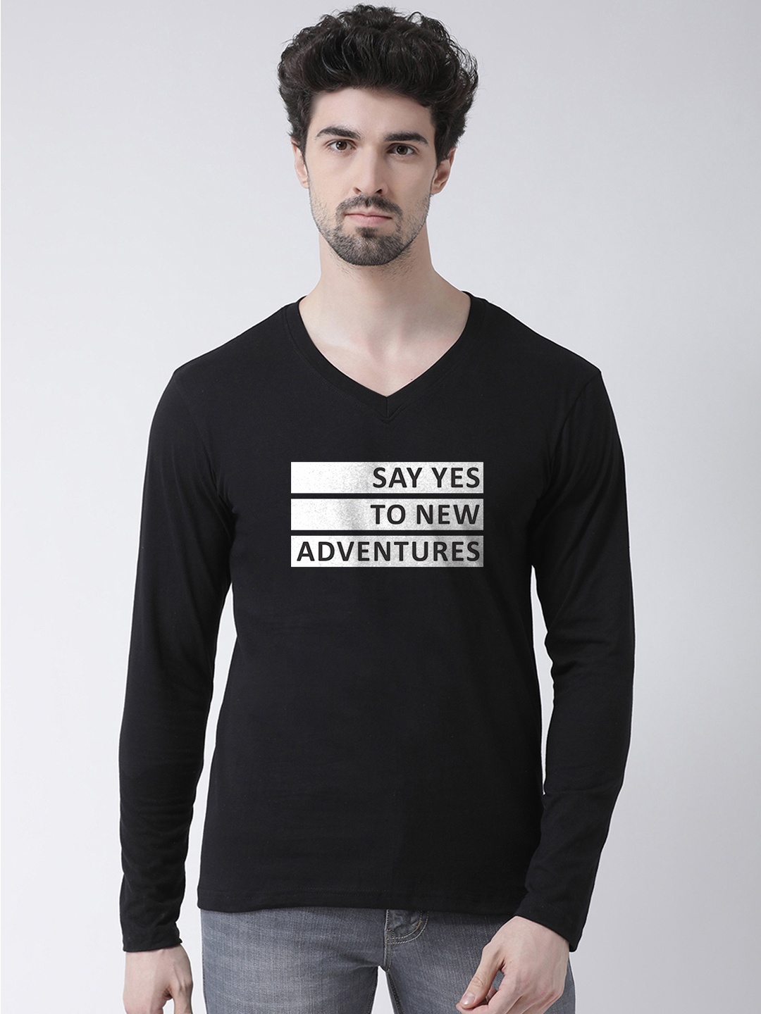 

Friskers Men Black Printed V-Neck T-shirt