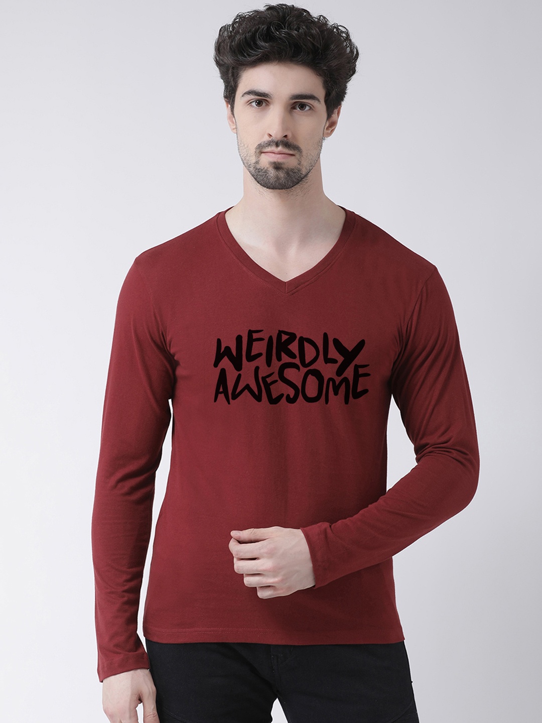 Friskers Men Maroon Printed V-Neck T-shirt