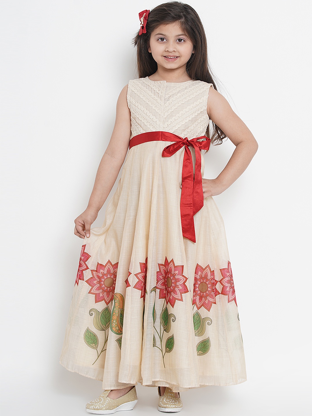 

Bitiya by Bhama Girls Beige & Red Floral Lace Yoke Defined With Red Satin Belt Maxi Dress