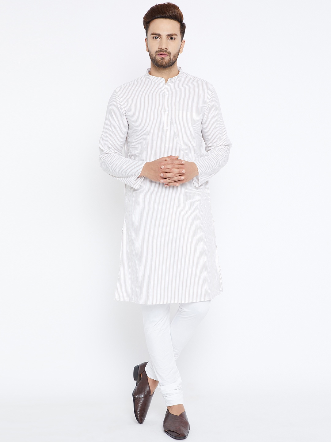 

even Men Off-White Solid Dobby Weave Straight Kurta