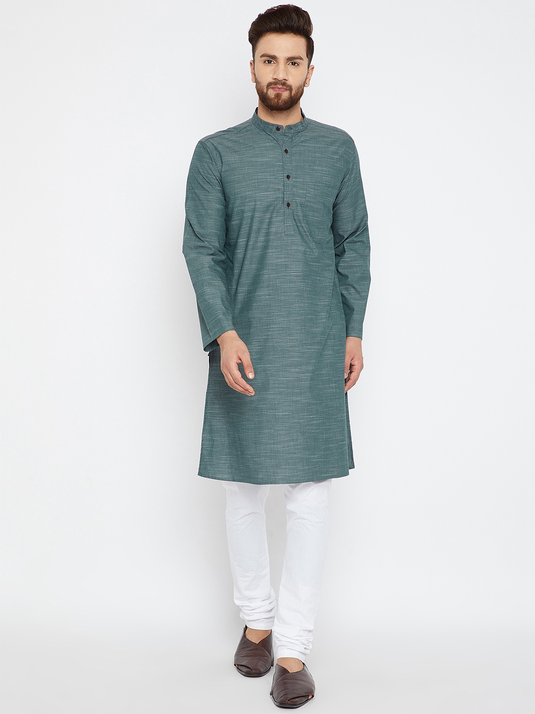 

even Men Green Solid Dobby Weave Straight Kurta
