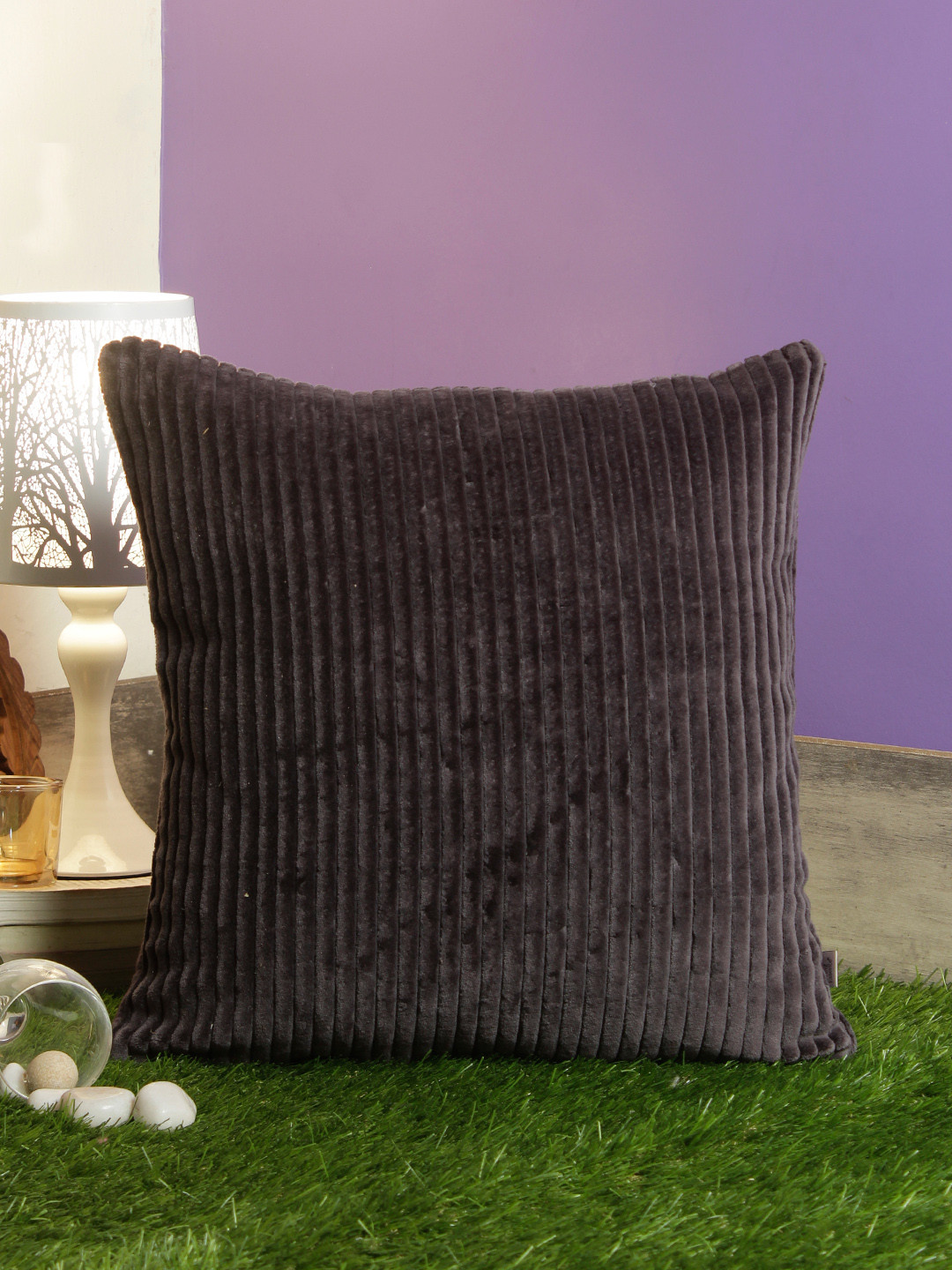 

HomeTown Charcoal Grey Single Striped Square Velvet Finish Cushion Cover