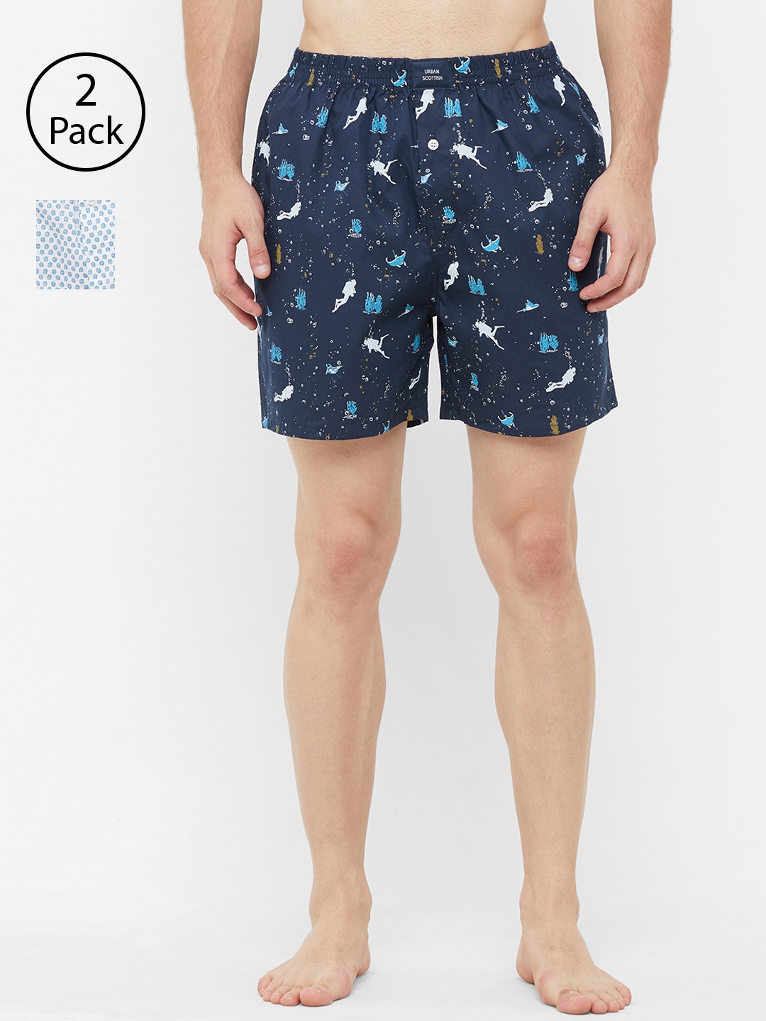 

URBAN SCOTTISH Men Pack of 2 Printed Pure Cotton Boxers USBX2030, Blue