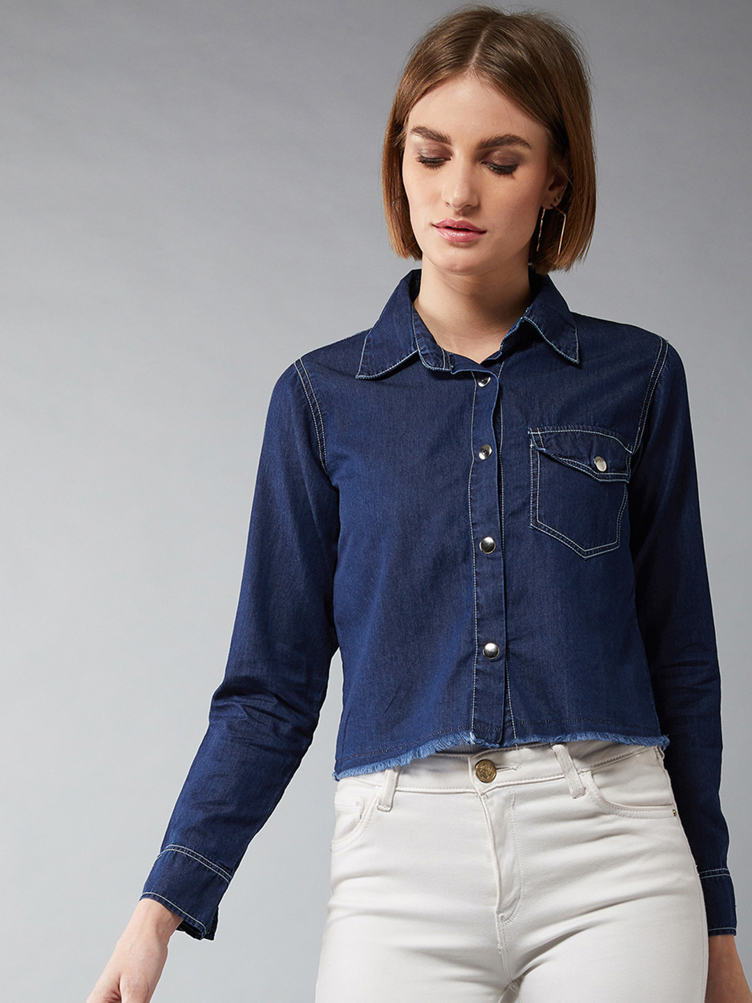 

DOLCE CRUDO Women Navy Blue Solid Denim Jacket